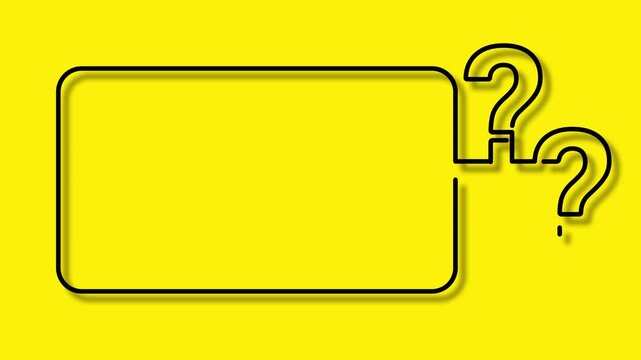 QUESTION MARK animated frame with three question marks on bright yellow background. Minimalist line art layout template for quiz, FAQ, and video.