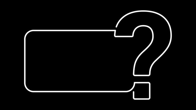 QUESTION MARK prominent white line art frame animation on black background. Sleek dark mode question box layout template for FAQ and video overlay.