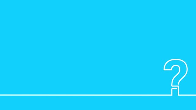 QUESTION MARK animated white line drawing on bottom border of cyan background. Minimalist line art motion graphic for quiz, FAQ, and video layout.