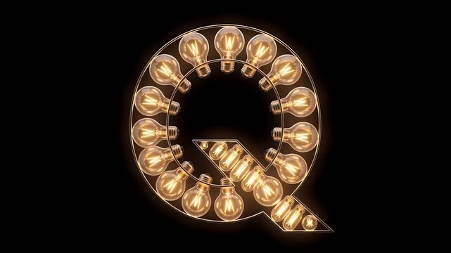 Capital letter Q luxury serif typography from illuminated Edison bulbs. Elegant retro design for cinematic advertising and premium vintage concepts.
