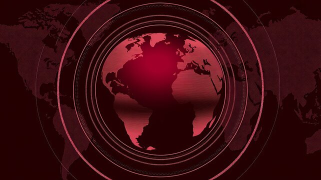 Digital world map globe with circular lines in dark red