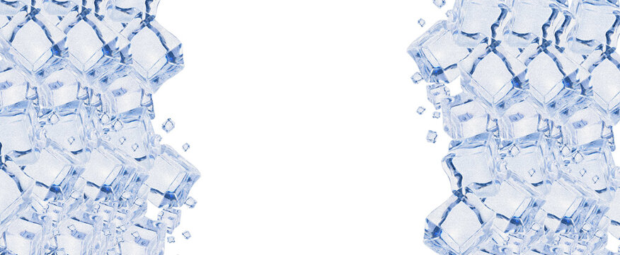 Ice cubes border frame on left and right sides isolated on black