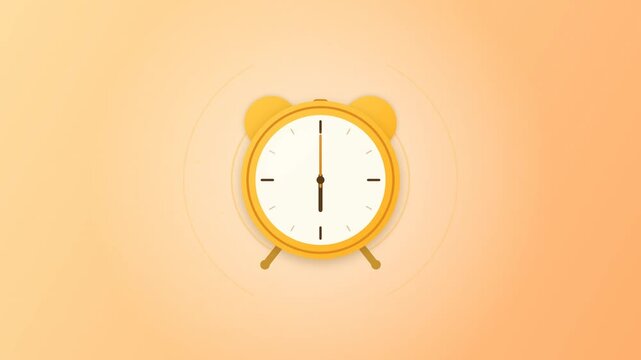 Yellow alarm clock with fast spinning hands on orange background