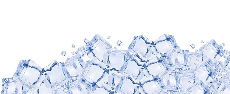 Pile of clear ice cubes at the bottom isolated on black with copy space