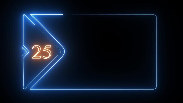 Neon blue frame with orange number twenty five inside a glowing triangular shape on dark background