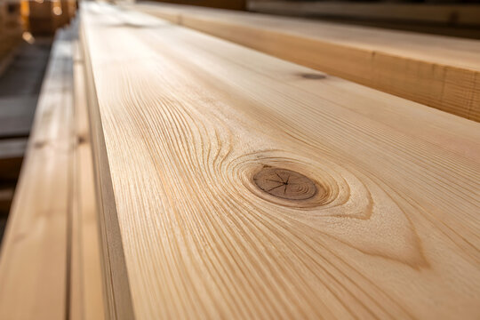 Natural pine wood planks, close up of timber grain and knots, construction lumber for carpentry