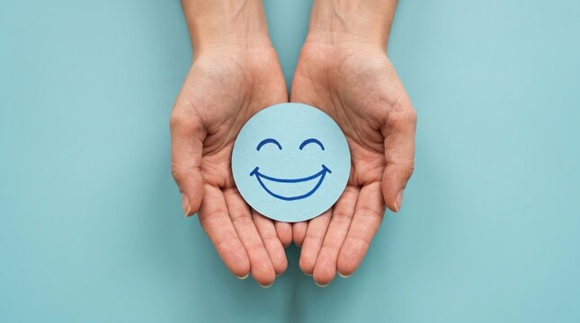 Hands holding a smiling face icon to promote awareness and support for world mental health day in a blue background
