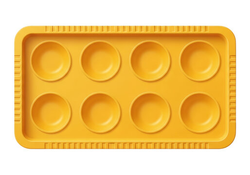 Yellow plastic muffin baking tray with eight round cups for cooking delicious cupcakes isolated on transparent background