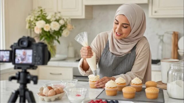 Woman in hijab decorating cupcakes in a modern kitchen for video blog