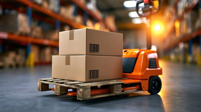 Pallet jack transporting cardboard boxes on clean warehouse floor with warm sunlight