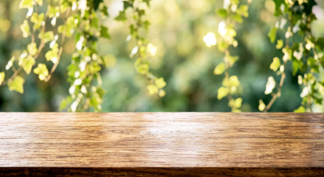 Empty wooden table top with hanging ivy and soft green bokeh garden background. Ideal for product display, food styling, mockups, and lifestyle projects.