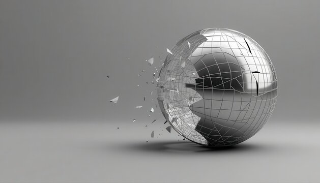 Monochromatic disintegrating sphere with detailed surface texture on gray breaking apart gray background fine particles motion blur disintegrating monochromatic metallic particles fragmenting