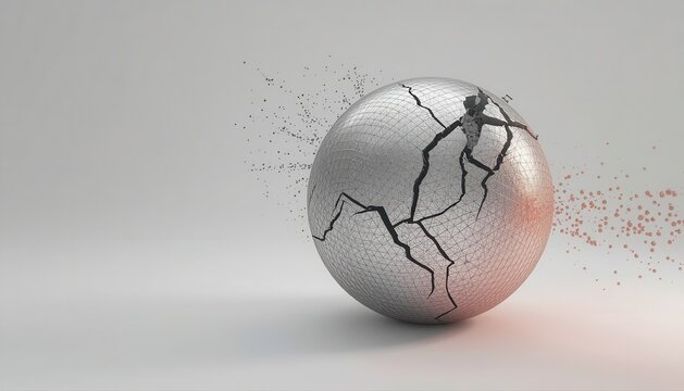 Cracked spherical object fragmenting into dust on a white background with breaking apart fine particles motion blur fragmenting particles disintegrating destruction abstract shattering