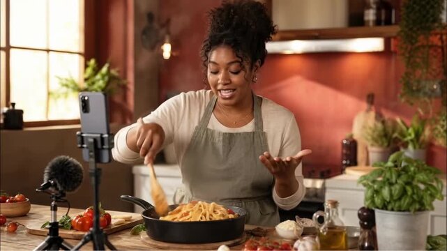 Woman cooking pasta while recording a cooking video in cozy kitchen