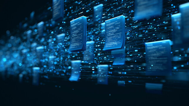 Digital data stream with floating code documents in a dark cyberspace. Represents big data analytics and cloud storage.
