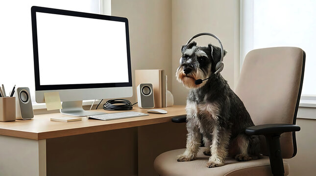 Miniature Schnauzer Wearing Headset Sitting in Chair for Customer Support at Desk
