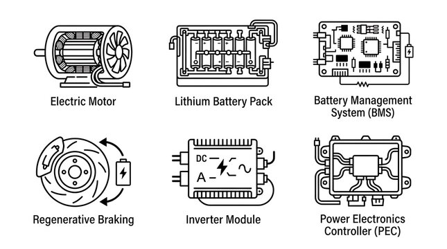 Electric Vehicle Components Icon Set Line Art