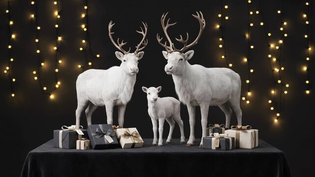 Elegant White Reindeer Family with Warm Christmas Lights Premium Holiday Background Seamless Loop Animation