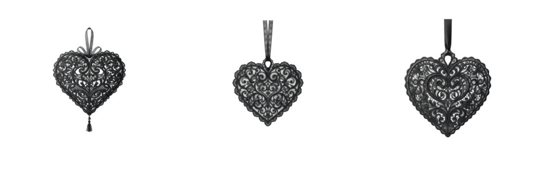 Set of ornate black gothic heart pendants with intricate filigree patterns isolated on transparent background, romantic and decorative design elements