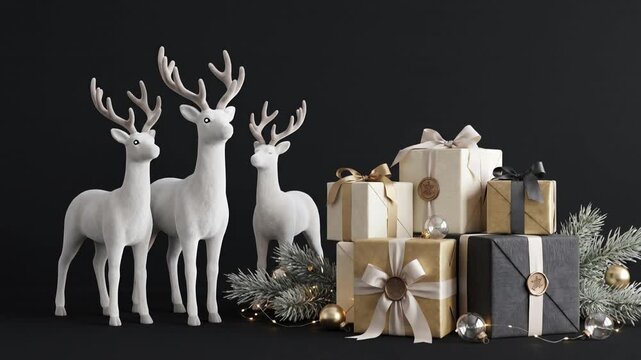 Elegant White Reindeer Beside Luxury Christmas Gift Boxes Minimal Holiday Background Seamless Animation