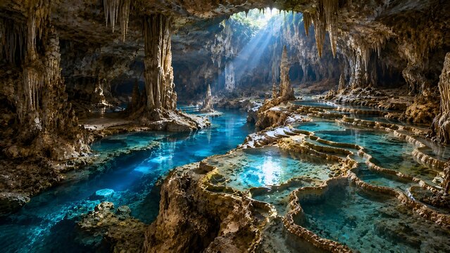 Sunlight streaming into a beautiful underground cavern with blue water