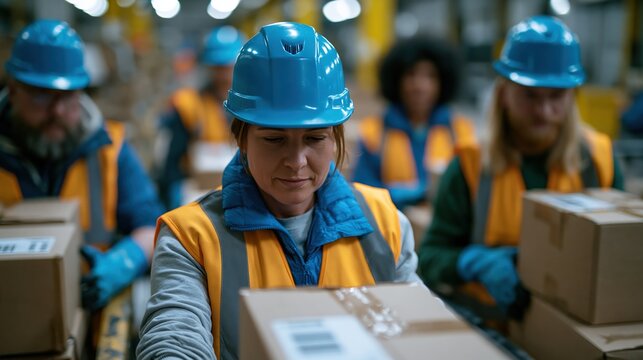 Logistics team sorting parcels at packing station in warehouse