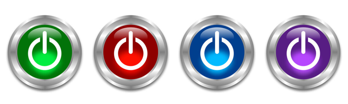 Power button icons set. Glossy metallic On Off power buttons with transparent background.