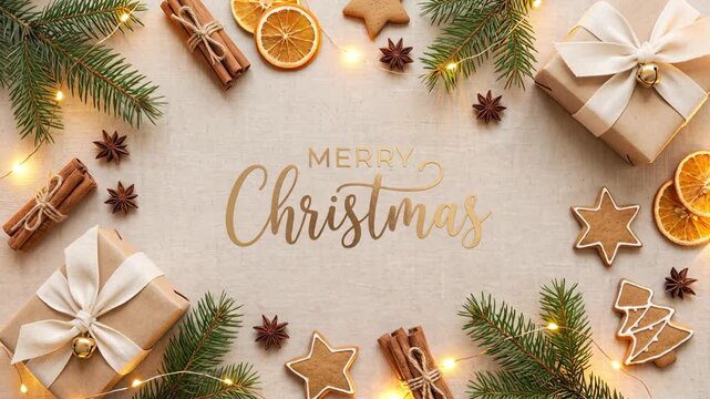 Elegant Merry Christmas Typography Flat Lay with Natural Holiday Decorations Premium Festive Background Animation