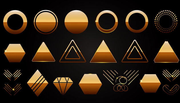 Golden geometric shapes and frames on black background 高級感のある金の幾何学フレームアイコンセット