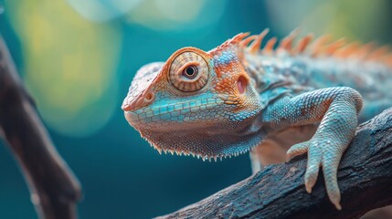 Fototapeta premium Close-up of a Bearded Dragon Lizard on a Branch with Soft Bokeh Background.