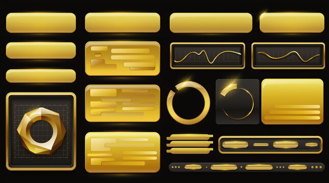 Golden modern tech UI and dashboard set on black background サイバー感のある黄金のダッシュボードUI素材