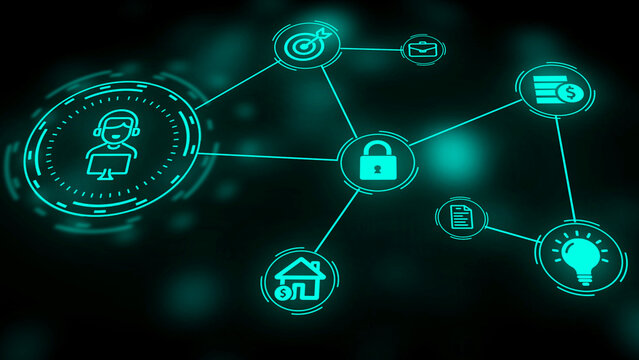 Cyan glowing digital network of interconnected representing people business goals security and innovation on a dark blurred background Keywords: AI, artificial, intelligence, technology, network