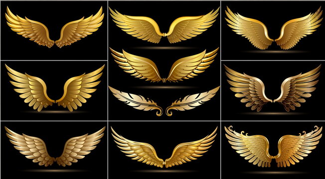 Golden angel wing icon set isolated on black background さまざまなデザインの金色の翼アイコン