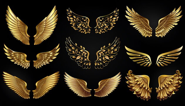 Golden metallic feather wings set on black background 豪華な黄金の鳥・天使の翼イラスト