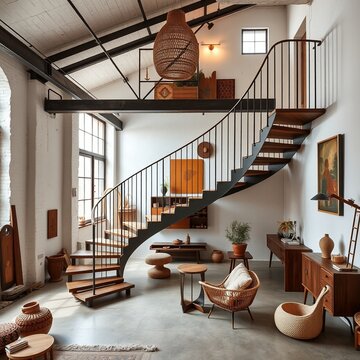 interior industrial loft apartment conversion with curved staircase