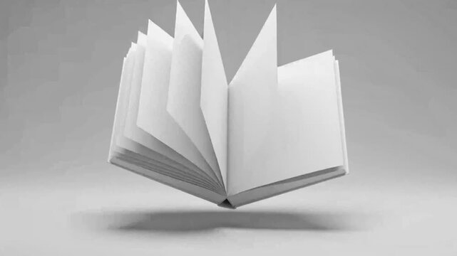 Open blank book floating in air, clean white pages, minimalist concept, studio shot, copy space