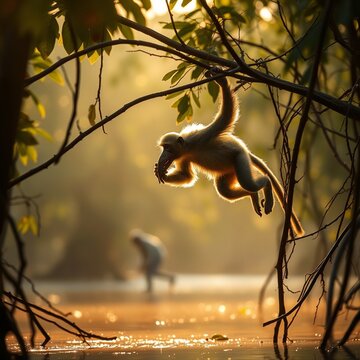 wild proboscis monkey leaping between mangrove branches forest