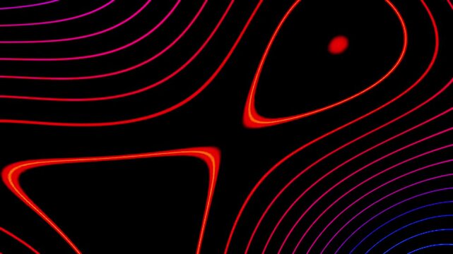 Vibrant abstract neon red and purple contour lines background on black. Topographic glowing pattern for modern digital graphic design textures