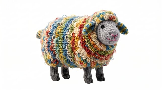 Cute knitted sheep toy made of colorful yarn. Handmade wool animal isolated on white background.