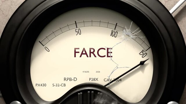 Farce meter showing big levels of farce. Dangerously increasing high values of farce, critical overload. Too much, off the charts. Max farce