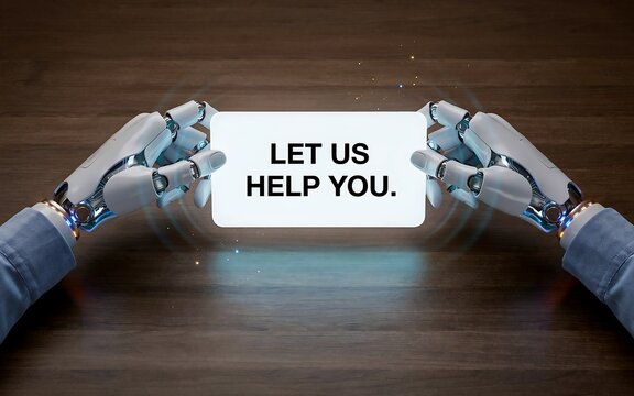 Robot hands holding let us help you message on smartphone