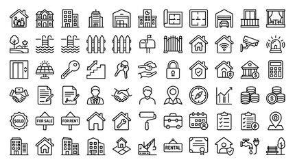 Modern Real Estate Thin Line Icon Collection Featuring Homes, Buildings, Mortgage, Property Transactions, and Amenities Editable Stroke Vector Set © Liton