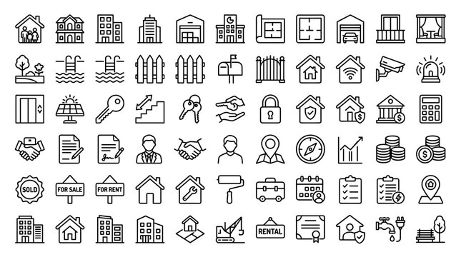 Modern Real Estate Thin Line Icon Collection Featuring Homes, Buildings, Mortgage, Property Transactions, and Amenities Editable Stroke Vector Set