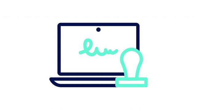 Digital signature icon with laptop and notary stamp. Vector illustration, outline animation