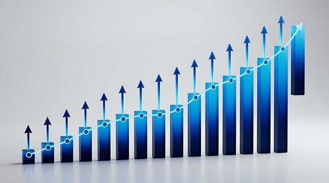 Abstract bar graph with upward trending blue pillars and rising line chart showing market growth.