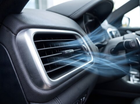 Cool air blowing from a car dashboard vent, showing the effective climate control system inside