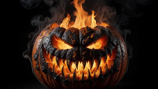 Scary burning jackolantern with sharp teeth and smoke against a black background