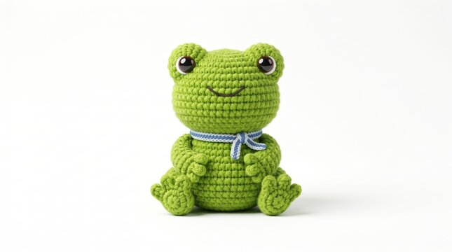 Green frog amigurumi toy. Cute handmade crochet animal doll isolated on white background.