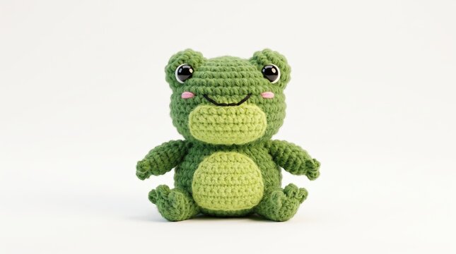 Cute green frog amigurumi toy. Handmade crochet stuffed animal isolated on white background.
