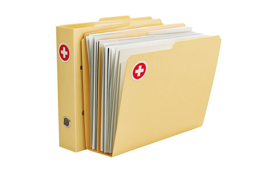 Organized beige manila file folders with medical cross labels stacked neatly in office setting